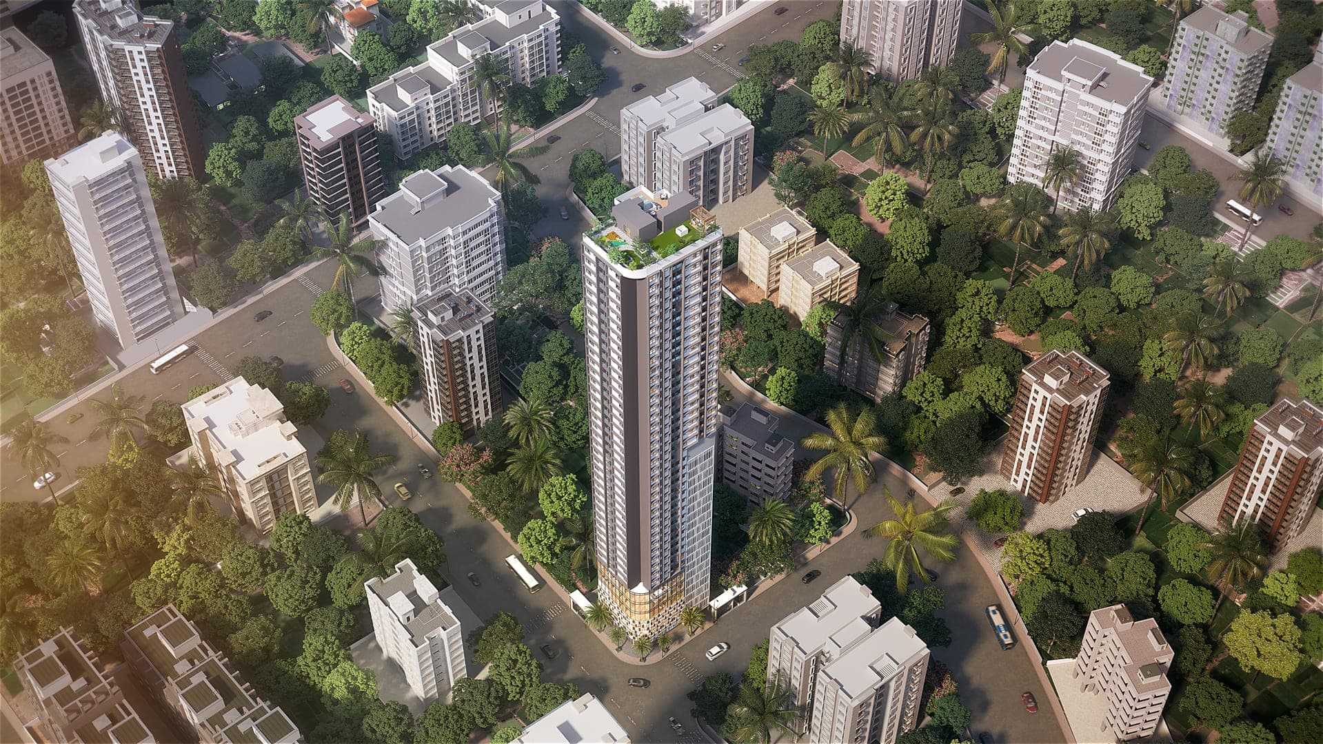 Ballaleshwar bird's eye view render — G+40 premium tower in Thane West